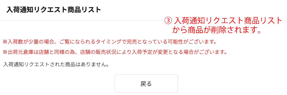 入荷通知リクエストリストから商品が削除
